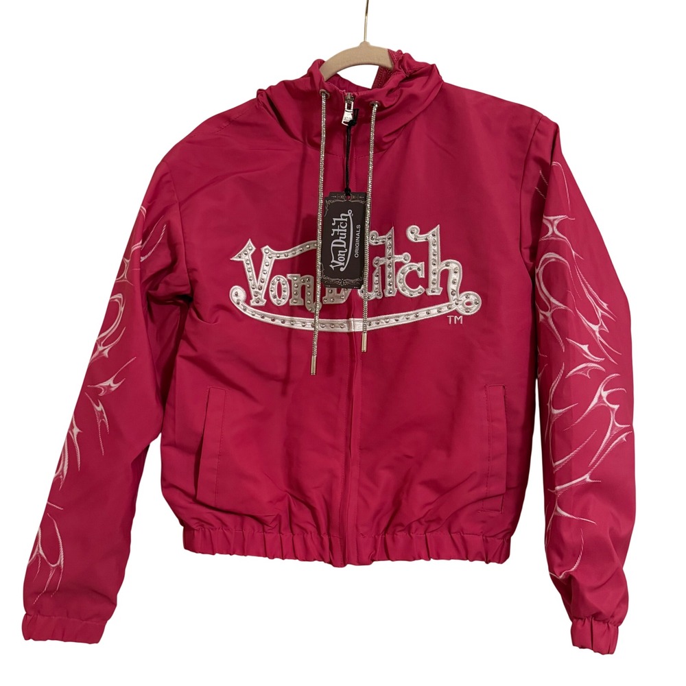 Von Dutch Hot Pink Studded Logo Hooded Windbreaker Jacket Y2K style Small